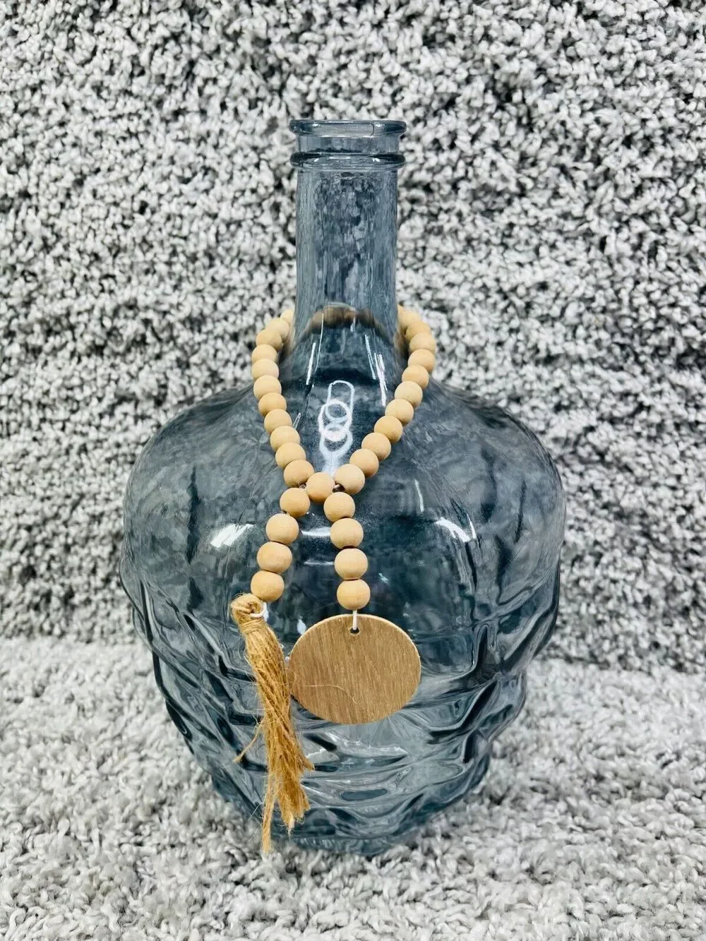 Blue Art Glass Bottle Vase With Round Wooden Beaded Tassel Garland 11